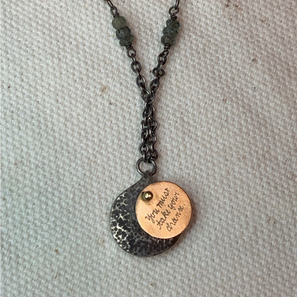 18k & Sterling Silver Necklace with gray-green sapphire beads and etched quote